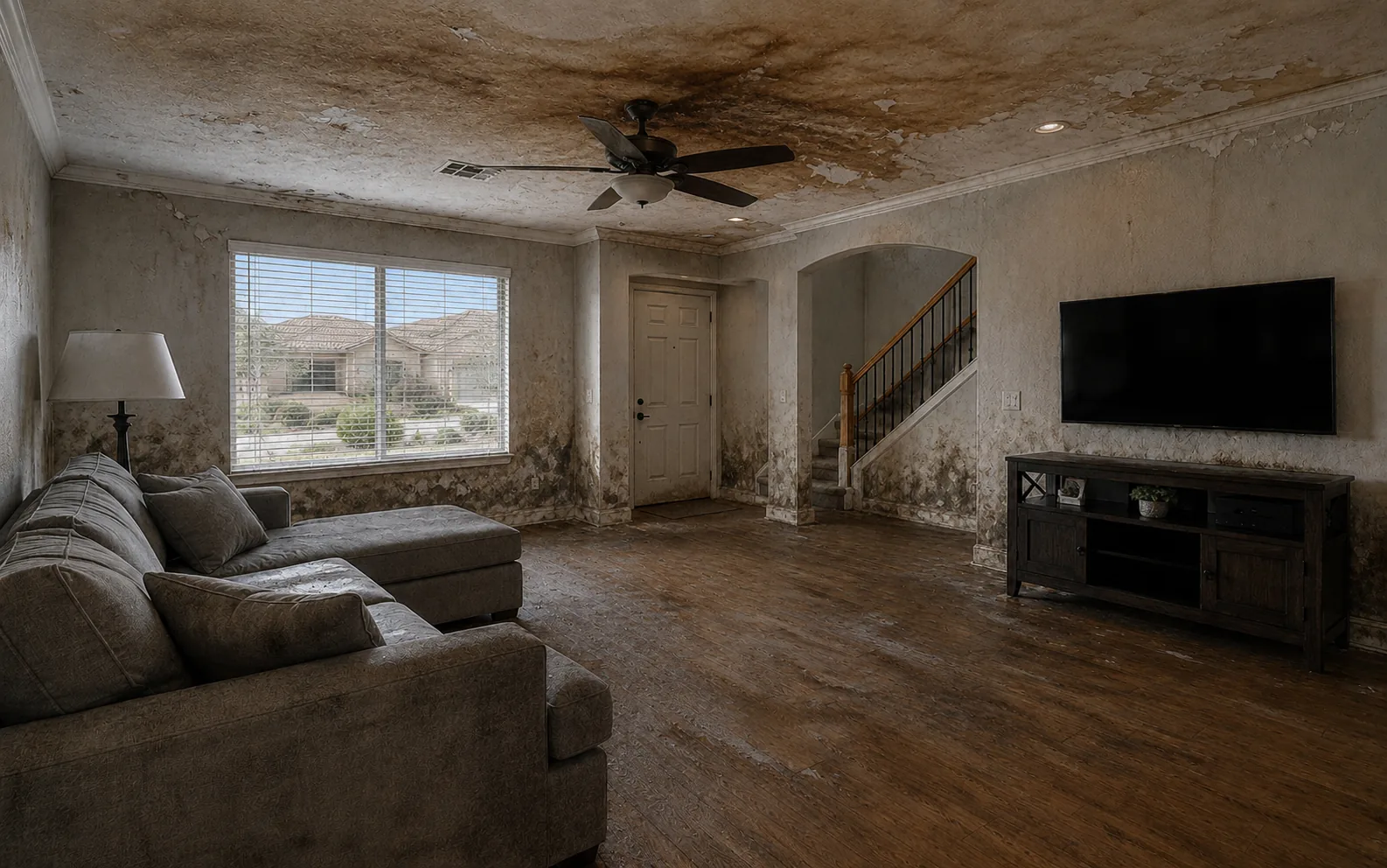 Property before restoration showing water and mold damage